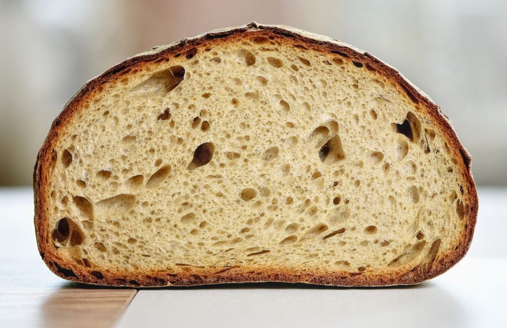 Une tranche de pain au levain montrant une mie alvéolée